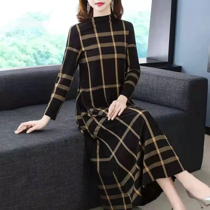 

Plaid Loose-Fit Slimming Large Size Dress 2019 Spring And Autumn New Style Elegant High Collar Long Sleeve Base Long Skirts Wome