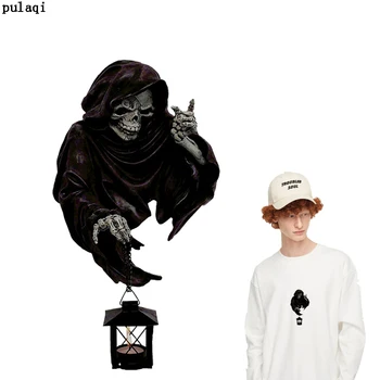 

Pulaqi Black Skull Iron on Transfer Heat Transfer Vinyl Patches for Clothes DIY Punk Pirate Viking Patch Thermal Applique Badge