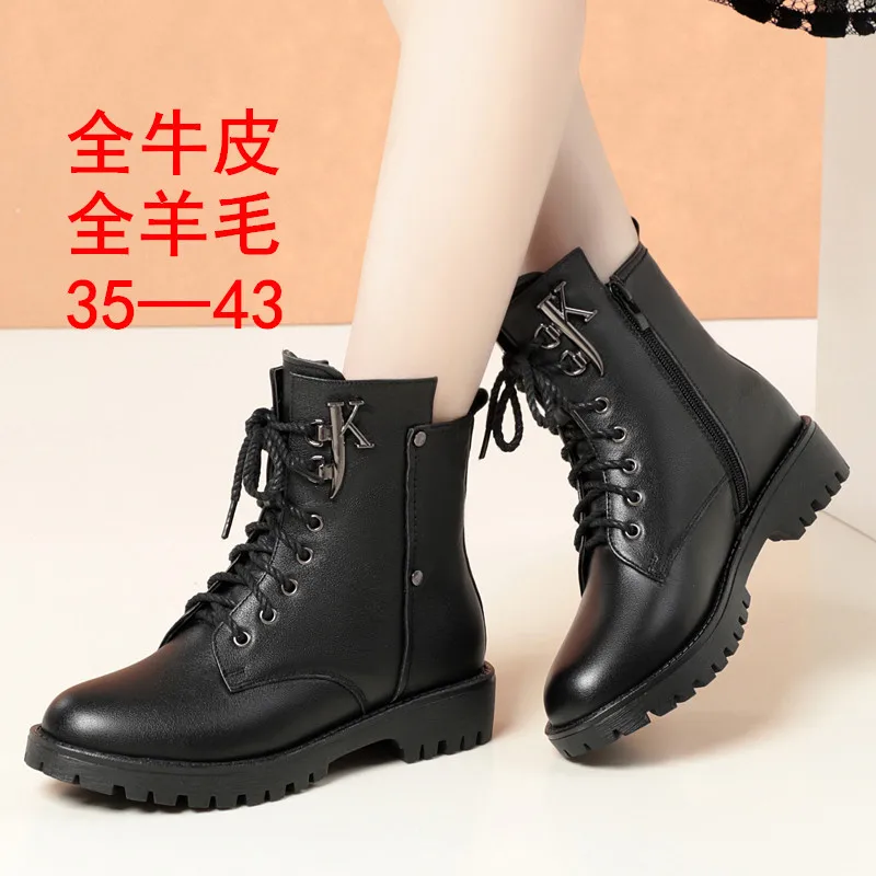 A142!New winter full leather round toe women's Martin boots cowhide mid-heel thick heel lace-up cotton boots women's shoes.