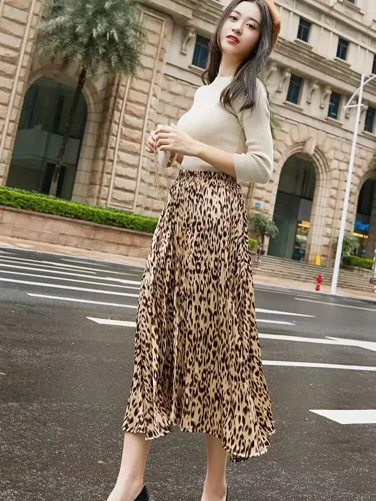 High Fashion Leopard Print Skirts Spring Women Pleated Skirts Elastic High Waist Long Skirt Female Party Holiday Skirt