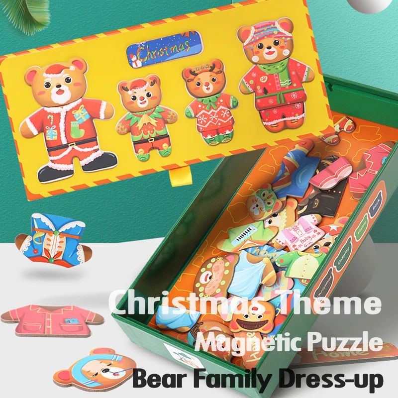 Christmas Bear Family Dress-Up Wooden Puzzles Toys Magnetic Jigsaw Change Clothes Sorting Matching Game Children Montessori Toys 2