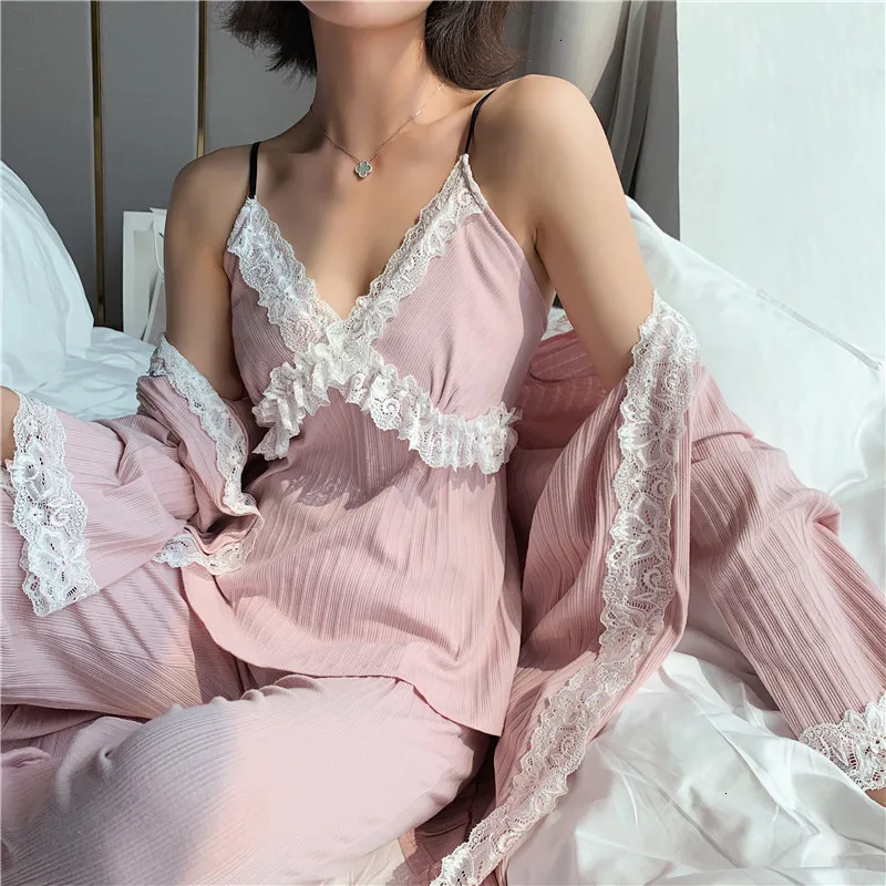 3 Pcs Winter New Long Sleeve Pure Cotton Pajama Set Lace Sexy V Lead Spaghetti Strap With Belt Cardigan Bathrobe | Женская одежда