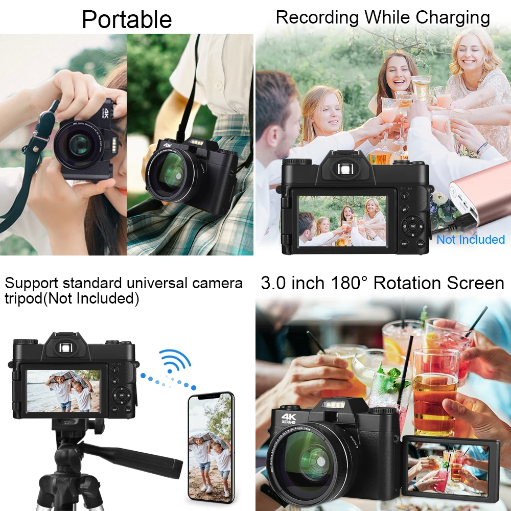 Digital Photography Camera 4K Vlog Selfie Camcorder Flip Screen 48MP Wide Angle Macro 2 in 1 Lens Youtube Live Streaming Camera
