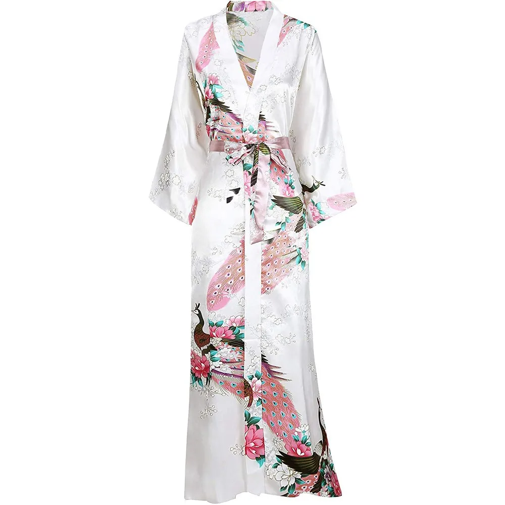 Women Long Robe Big Size Kimono Bathrobe Gown Summer Spring Nightgown Sleepwear Novelty Print Nightwear Silky Satin Home Clothes women sleepwear