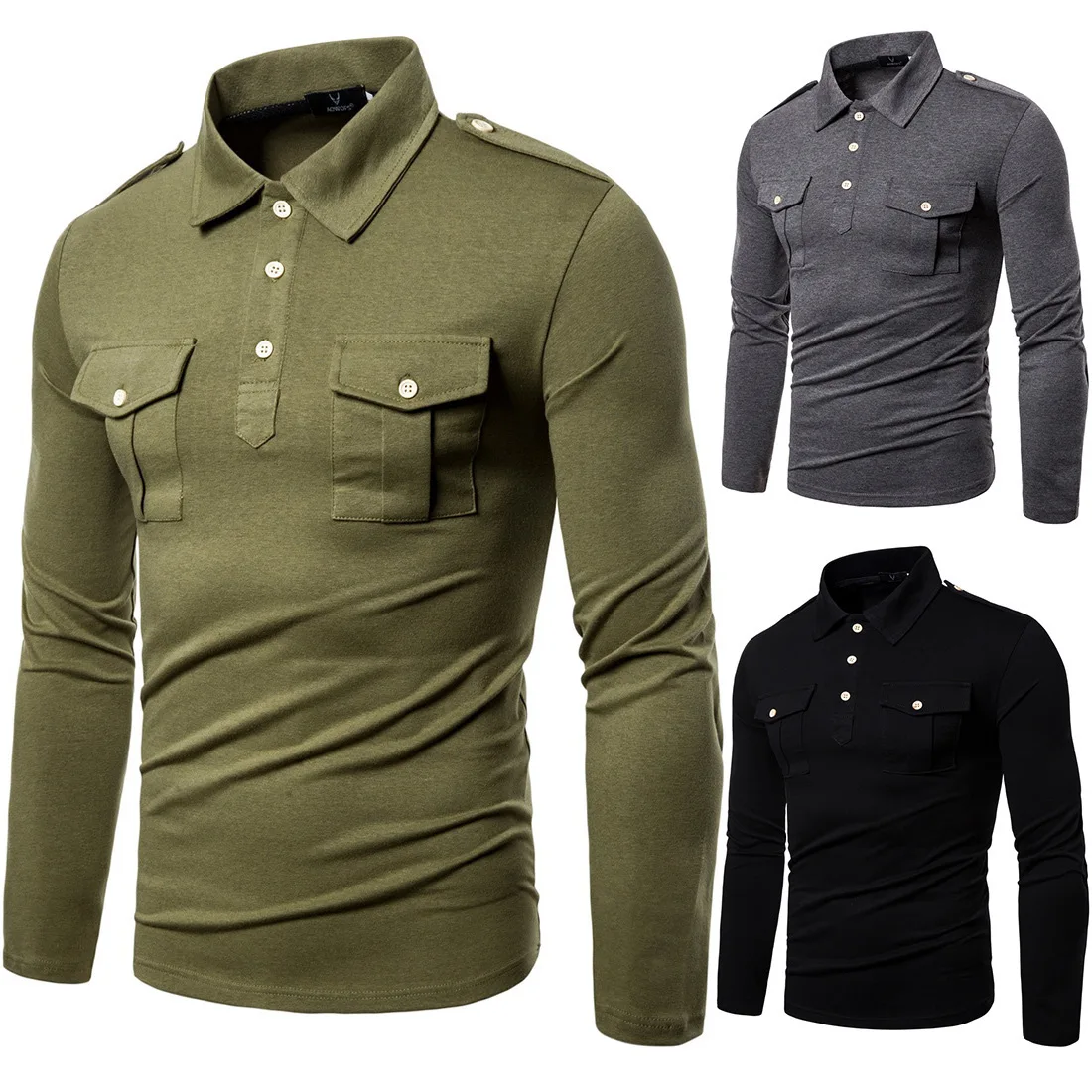 

High-quality military style European 19 new autumn European and American lapel long sleeve T-shirt men's tide lapel large size