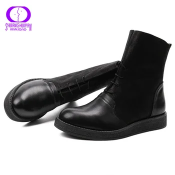 

AIMEIGAO Black Lace-up Warm Ankle Boots Winter Shoes Women Platform Flats Non-slip Suede Boots Women Waterproof Leather boots