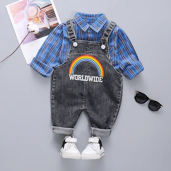 

Spring Baby Girl Clothes Cotton Long Sleeve Plaid T-shirt Overalls Denim Tracksuit Baby Boy Clothing Set 2PCS
