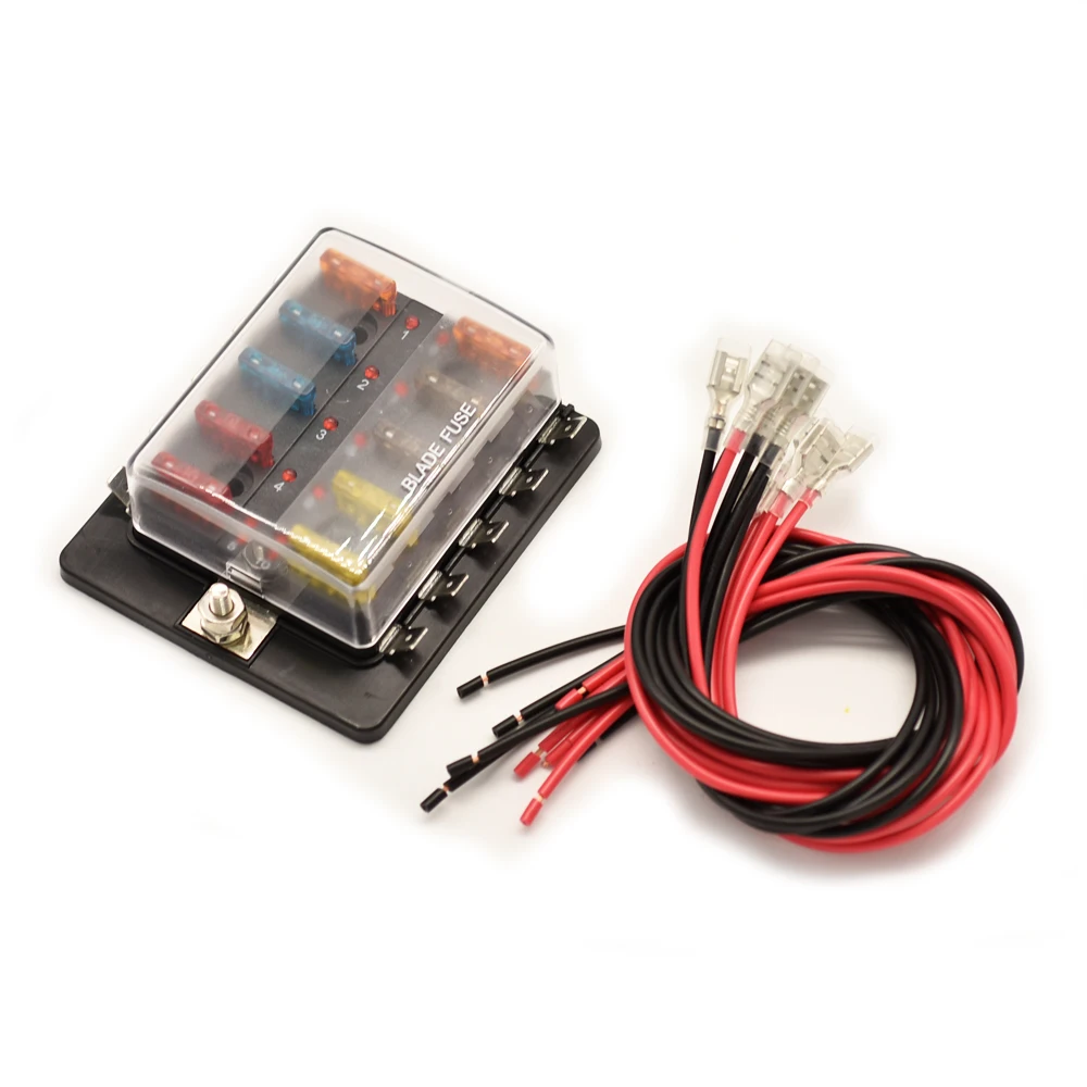 Jtron auto fuse box 12v-32v 6way 10way Blade Fuse Holder with cable LED indicator ATC/ATO fuse socket for Car Boat Marine truck
