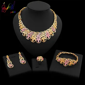 

Yulaili Tricolor Cloud Shape Crystal Covered Necklace Bracelet Earrings Ring for Women Nigerian Wedding Jewelry Sets Wholesale