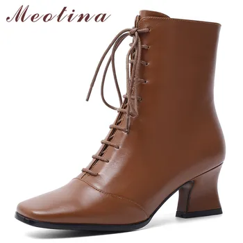

Meotina Winter Ankle Boots Women Natural Genuine Leather Strange Style Heel Short Boots Zip Square Toe Shoes Lady Autumn Size 43