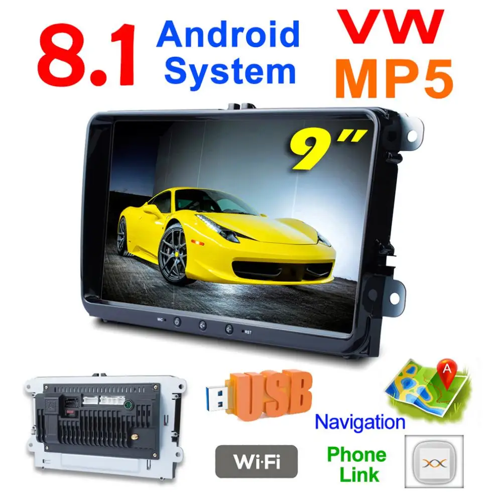 

9 Inch 2 DIN Bluetooth QUAD-core Android 8.1 Car MP5 GPS Navi Player Support FM/Phonelink/WIFI for Volkswagen VW Skoda Octavia