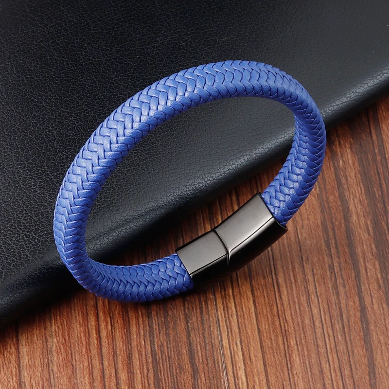 New Free Custom Name Blue/red leather Simple Charm Business Men Stainless Steel Leather Braided Bracelet Bagnet Lock Bangle - Image 3