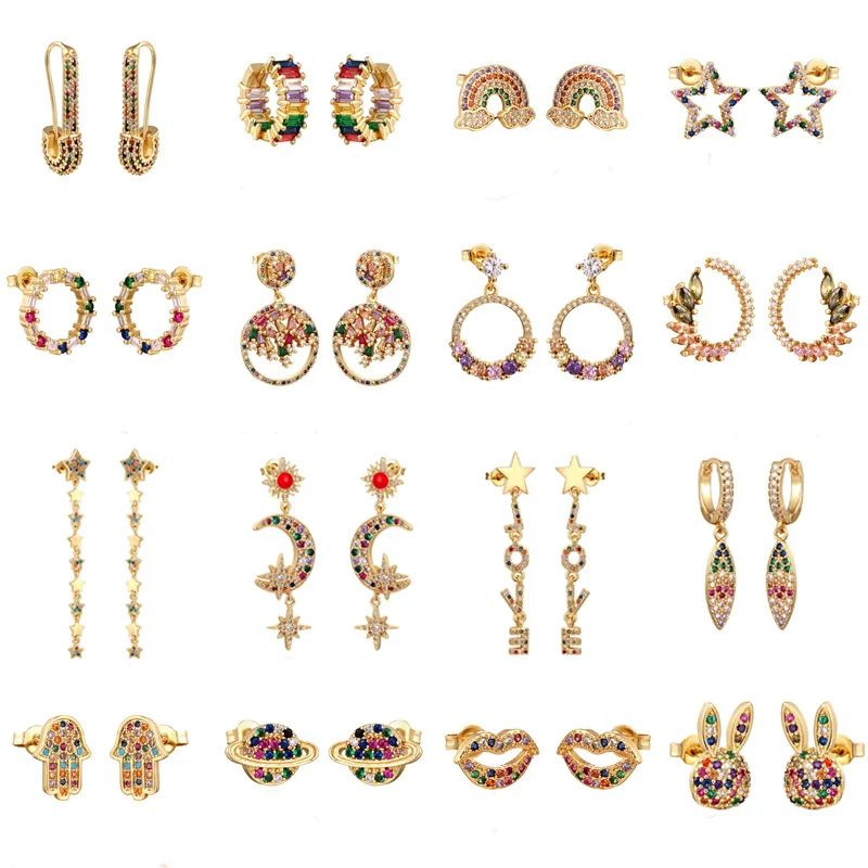 

Rainbow zircon Stud Earrings jewelry for Women gold silver cz Earrings star love smile flower Earrings jewelry Christmas gift