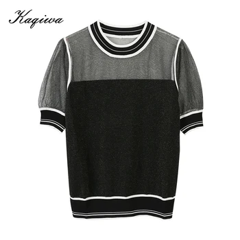

Spring and summer short sleeve T-shirt women 2020 New Stripe Organza perspective gold thread casual ice silk sweater B-188