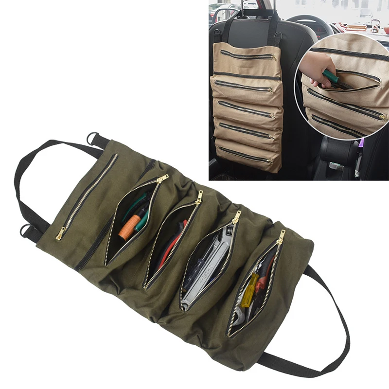 Car Tool Roll Up Bags Waxed Canvas Storage Carrier Pouch Tools Tote Sling  Holder Back Seat Organizer - Toolbox - AliExpress