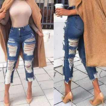 

Women High Waist Stretch Hole Jeans Leggings Slim Fitness Calf-length Pant Fashion Loose Vintage Denim Pants Vaqueros Mujer