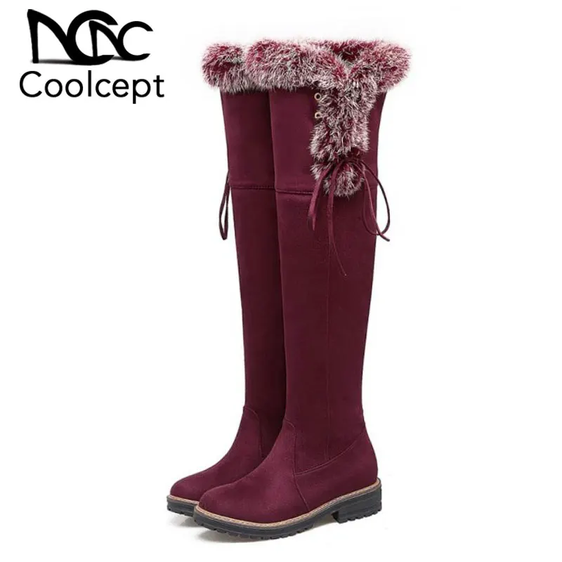 

Coolcept Women Over Knee Boots Warm Plush Fur Winter Shoes Women Fashion Zipper Lady Street Long Boots Flats Footwear Size 32-43