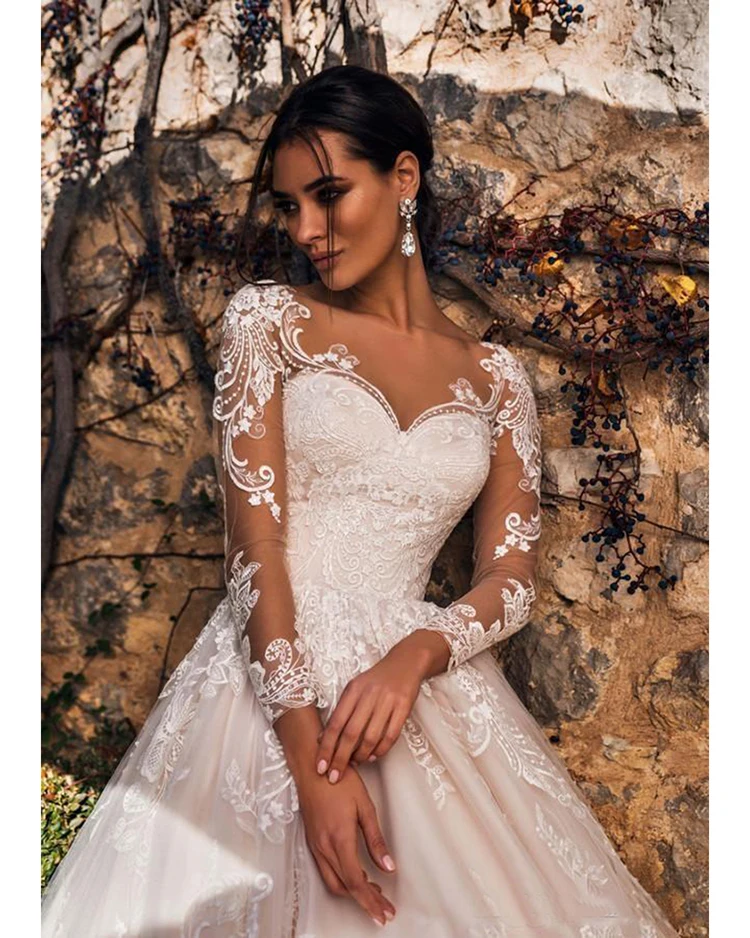 Robe De Mariee Элегантное свадебное платье с кружевными рукавами простое свадебное платье es с длинными рукавами ТРАПЕЦИЕВИДНОЕ ПЛАТЬЕ невесты Индивидуальный размер