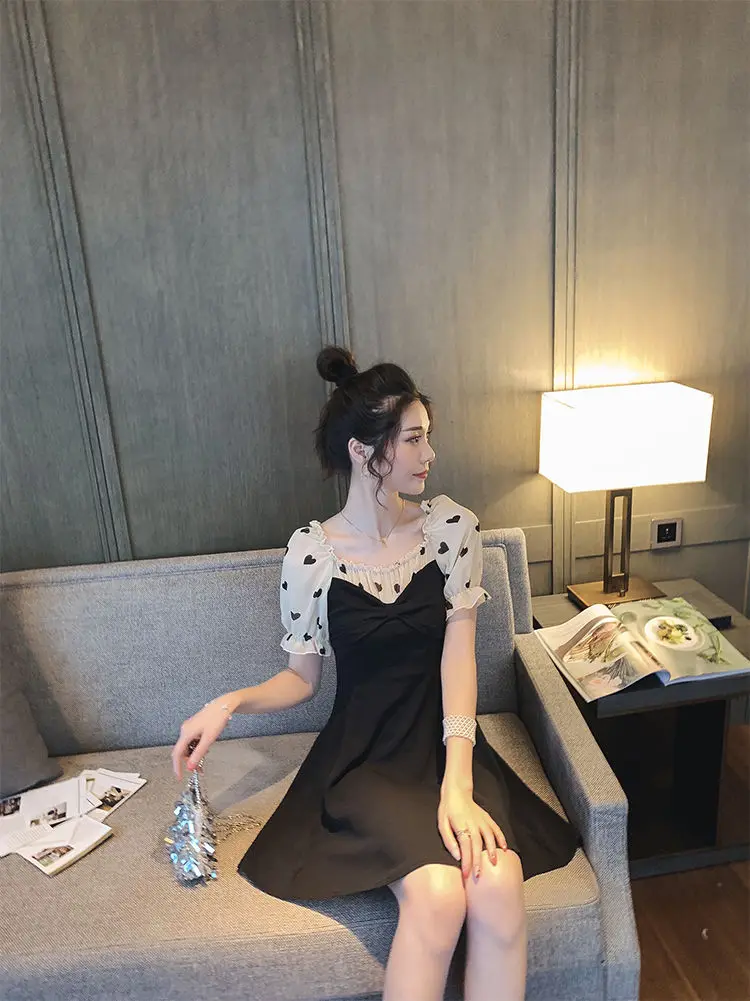 Dress Women Chiffon Patchwork Summer New Arrival Printed Lovely Slim Short Black Dresses Tunic Ruffles Sweet Girl Fairy Chic Fit