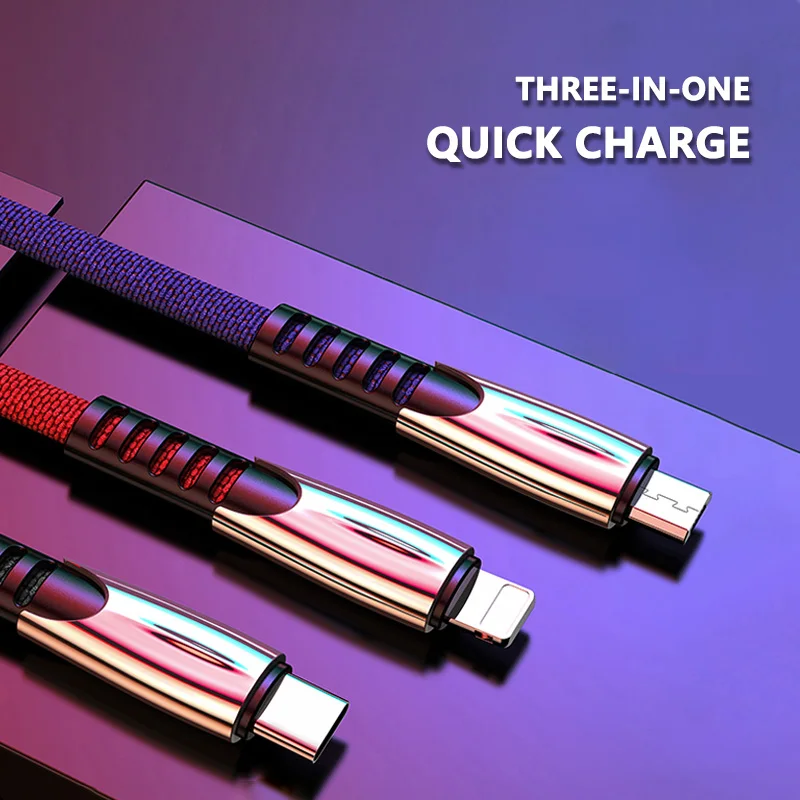 

3 In 1 USB Cable for Mobile Phone Fast Charging Micro USB Type C Charger Cable for IPhone xr xs max Charging Cable Charger Cord