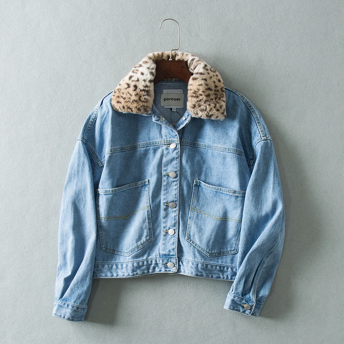 

TC36 Removable Shoulder Leopord Pattern Fur Collar Loose Style Large Pocket Long Sleeve Cowboy Short Jacket Spring WOMEN'S Dress