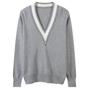 

2020 Elegant Striped Knitted Sweater Women V Neck Top Spring Autumn Loose Ladies Pullovers Fashion Jumper Oversized Pull Femme