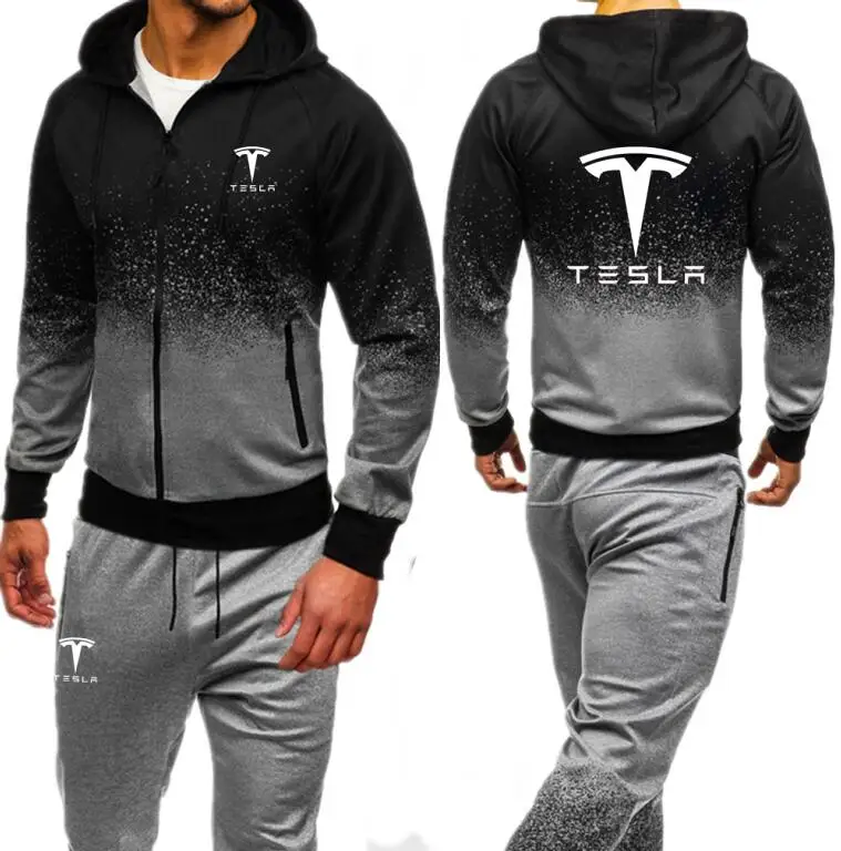 

Tesla Print Tracksuit Men 2019 Autumn Sportwear Mens Set 2PC Zipper Hooded Sweatshirt Jacket+Pant Moleton Masculino Sets