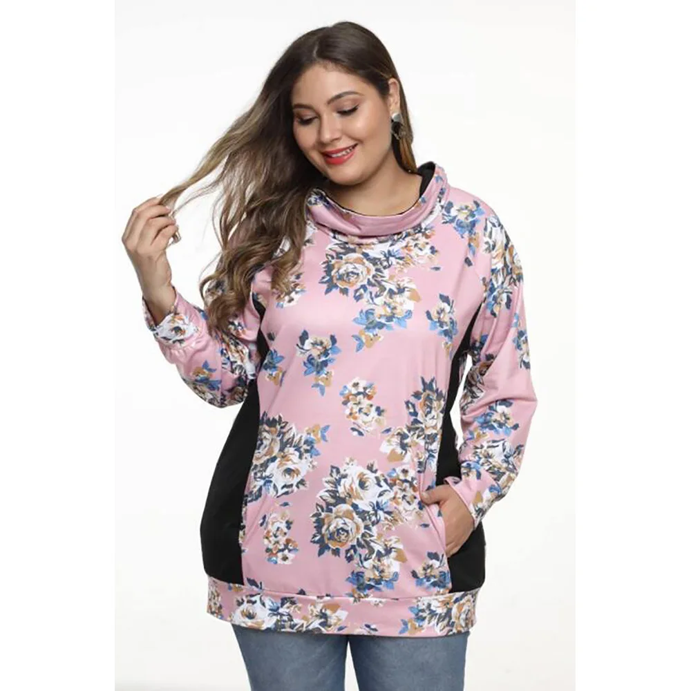 

Hoodie Women's Europe And America Casual Fashion Flower Printed Joint Contrast Color Long Sleeve Large Size WOMEN'S Sweater 2527