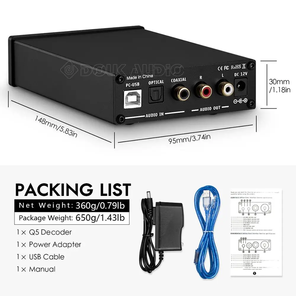 USB DAC коаксиальный/оптический адаптер для наушников Douk Audio Mini ESS9018 24 бит/192