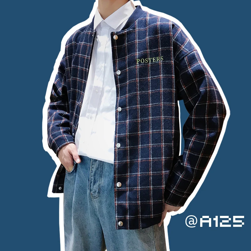 

2020 autumn Easy Small Lattice Worsted Stand Lead Jacket Unlined Upper Garment Loose Coat windbreaker Gray Camel
