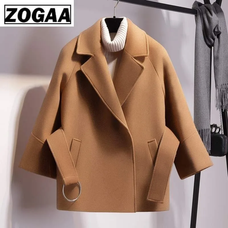 ZOGAA Women Short Woolen Coat Winter Warm Women's Solid Turn-down Collar Jacket Coat with Belt Lovely Dwarf Outwear Overcoat