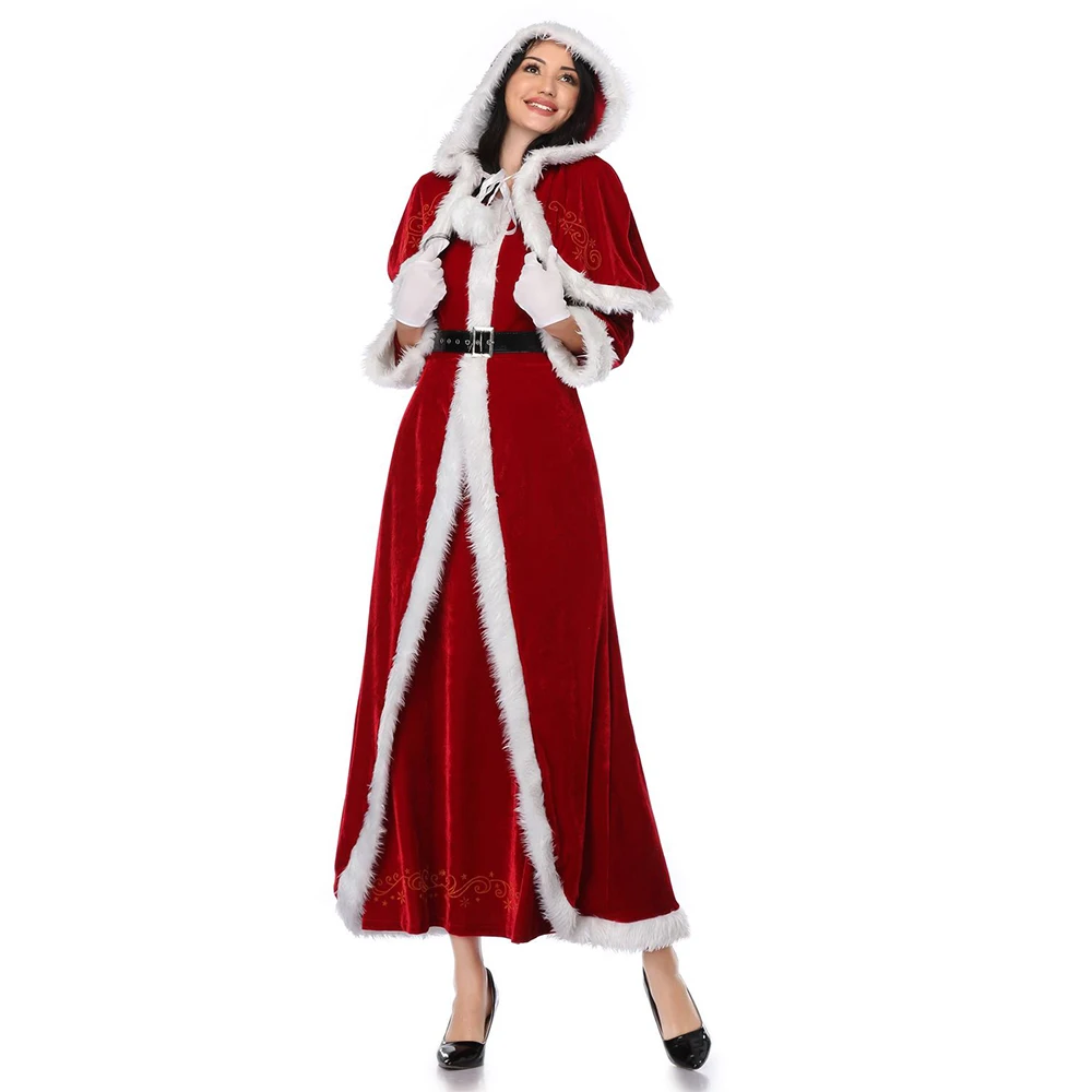 Рождественское платье, Женский Рождественский костюм с накидкой для взрослых, красные бархатные меховые платья с капюшоном, сексуальный женский костюм Санта-Клауса