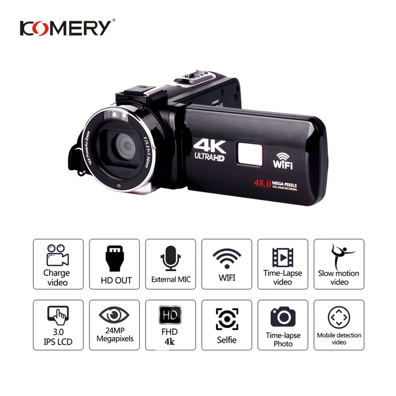  KOMERY 4K Camcorder Video Camera Wifi Night Vision 3.0 Inch LCD Touch Screen Time-lapse Photography