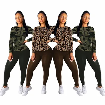 

Leopard Camouflage Pullover Sweat Pants Women 2 Piece Sets Running Jogging Suits Tight Suit Women's Sport Set Casual Hooded