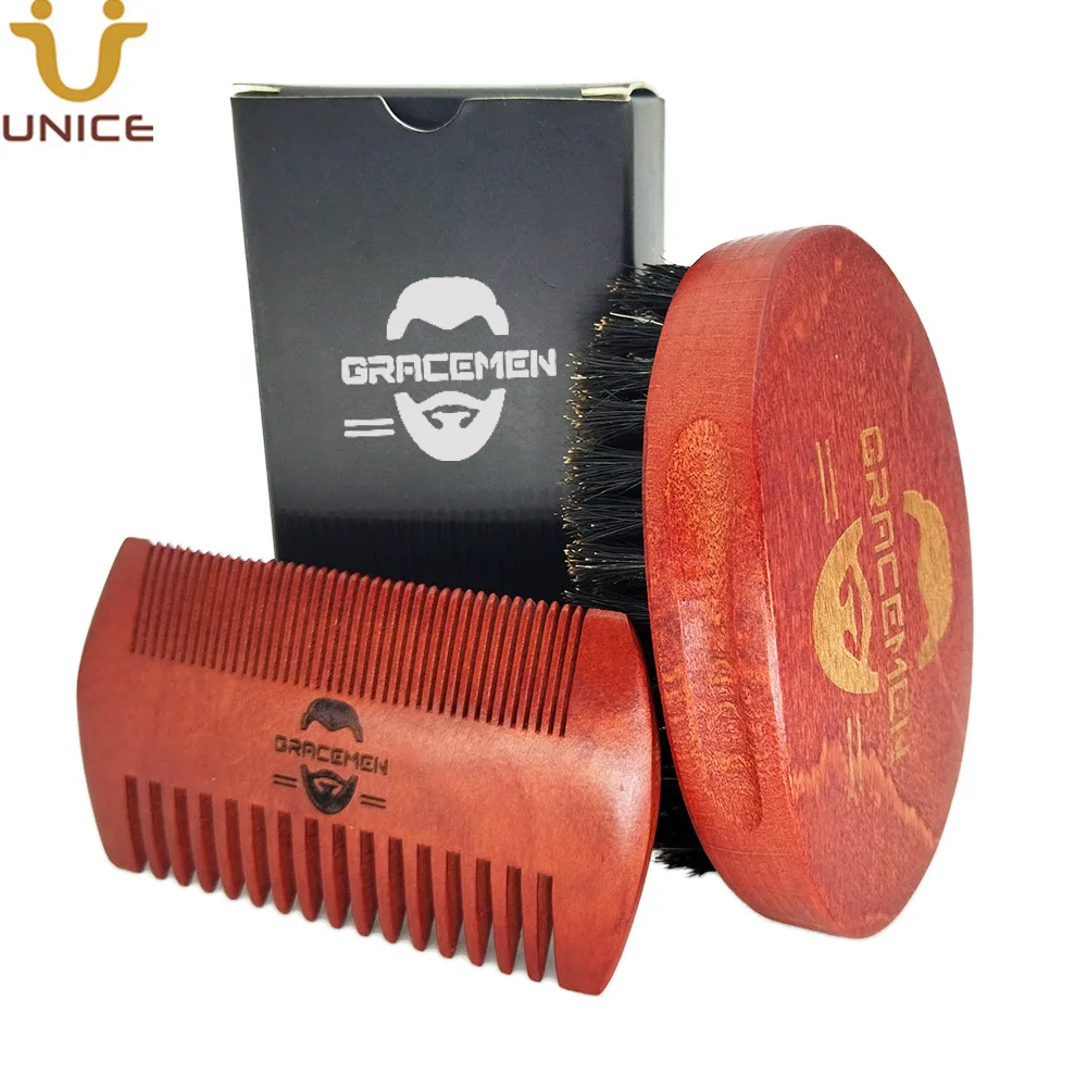 

MOQ 100 Pieces Personalized LOGO Men Beard Care Kit for Face / Head Hair Mustache Red Wood Brush and Dual Sides Comb Sets