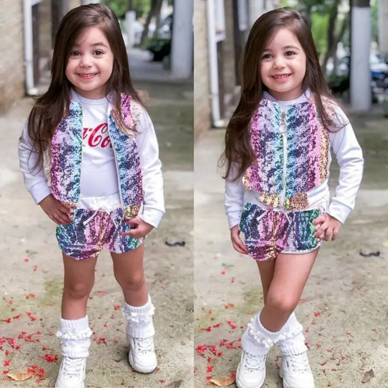 

Pudcoco Brand New Toddler Kids Baby Girl Zipper Pullover Tops Jacket Shorts Sequins Outfit Clothes