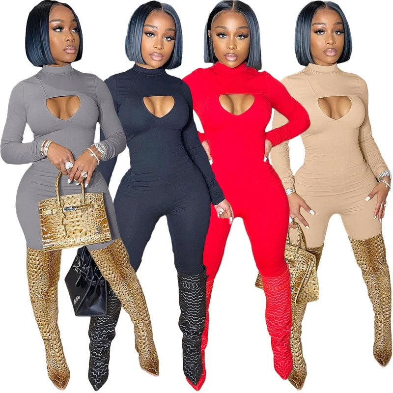 Solid Sexy Front Hollow Skinny Rompers Womens Jumpsuit Long Sleeve Bodycon Bodysuits Active Wear Slim Casual One Piece Overalls