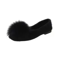 Женская обувь на плоской подошве; Симпатичные плюшевые туфли-лодочки Zapatos de mujer; туфли на плоской подошве Дамская мода сплошной цвет и меховыми помпонами украшения неглубокие туфли-лодочки
