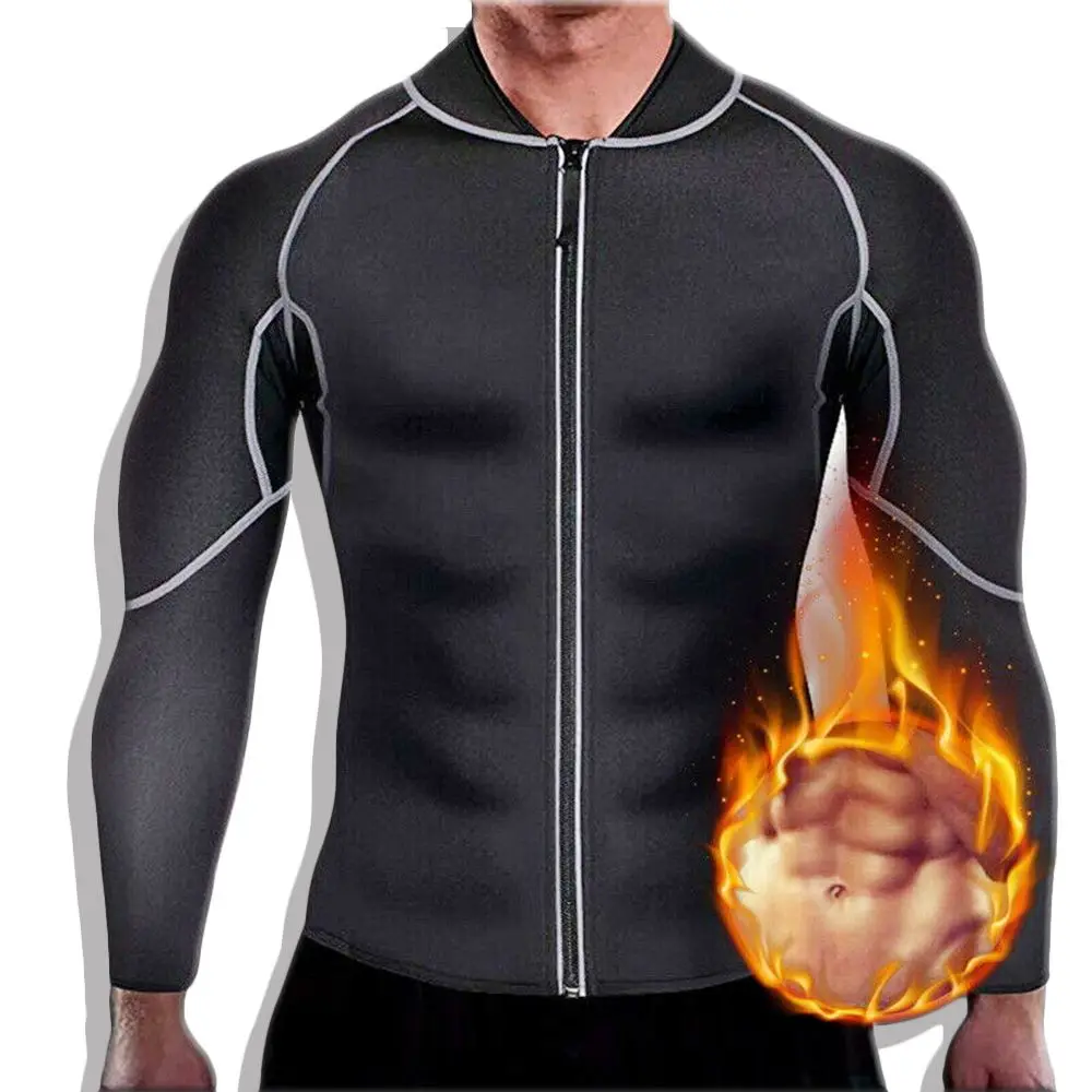 Мужской тонкий формирователь тела неопрен тренировочный жилет сауна костюм потеря веса фитнес длинный рукав молния футболка для тренировок для похудения Триммер брюки - Color: Black Long sleeve