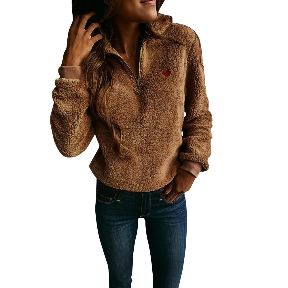 Jaycosin Fashion Women Simple O-Neck Warm Zip Neckline Sweatshirt Stylish Long Sleeve Comfortable Soft Casual Blouse 927#3