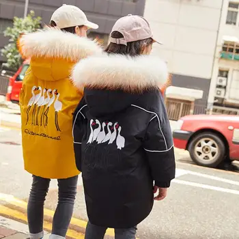 

-30 degree Girls big real fur collar hooded hicken down jackets children 90% white duck down coats teenage outerwaer parkas 1146