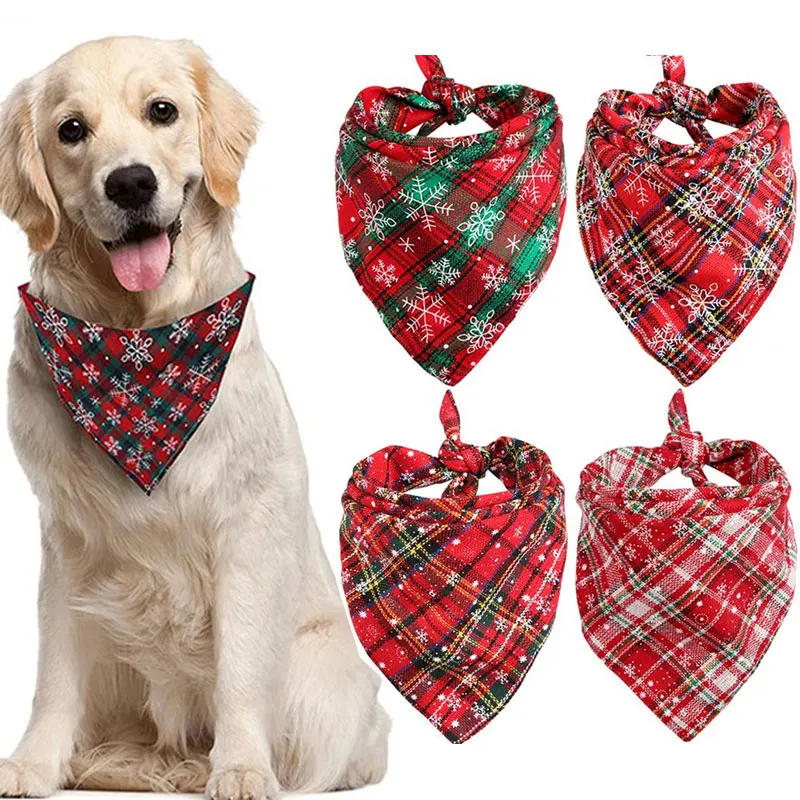 Dog Bandanas Large Pet Scarf Christmas Double Layer Triangle Snowflake Printing Cotton Plaid Saliva Towel Neckerchief | Дом и сад