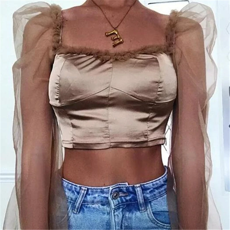 Womens Tops and Blouses Ladies Tulle Square Neck Frill Mesh Top Vintage Puff Long Sleeve Party Tee Shirt Elegant Blouse Top