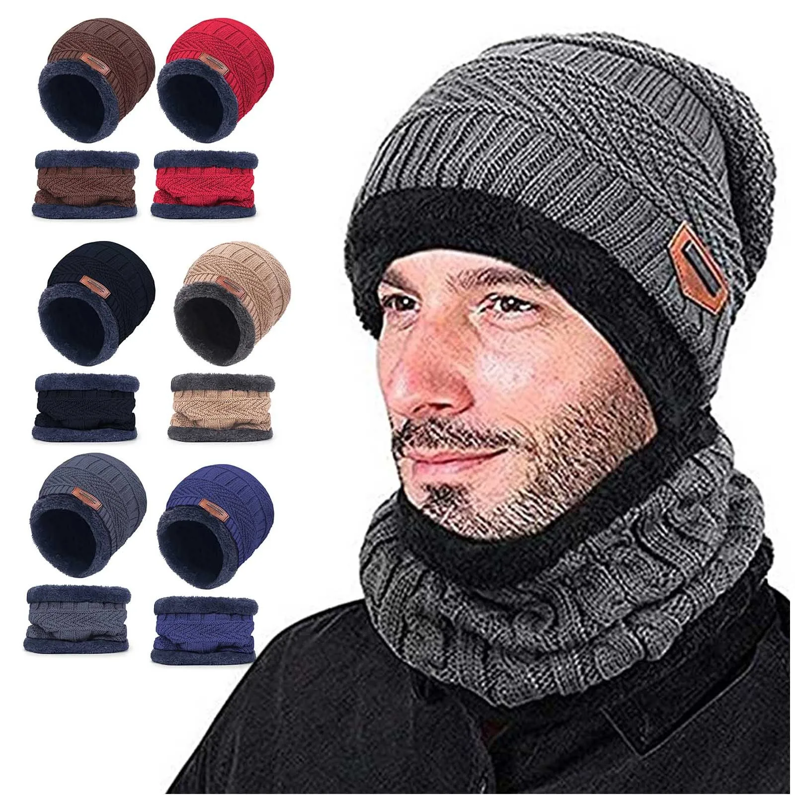 

Men Women Winter Slouchy Beanie Hats Scarf Set Warm Knit Hat Skull Cap Neck Warmer with Thick Fleece Lined Winter Hat Scarf