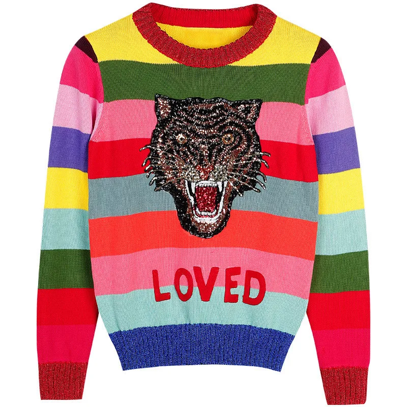 2019 Christmas Luxury Tiger Sequin Women Color Striped Sweater Pullovers Runway Brand Lady Winter Knitted Jumper Clothes | Женская