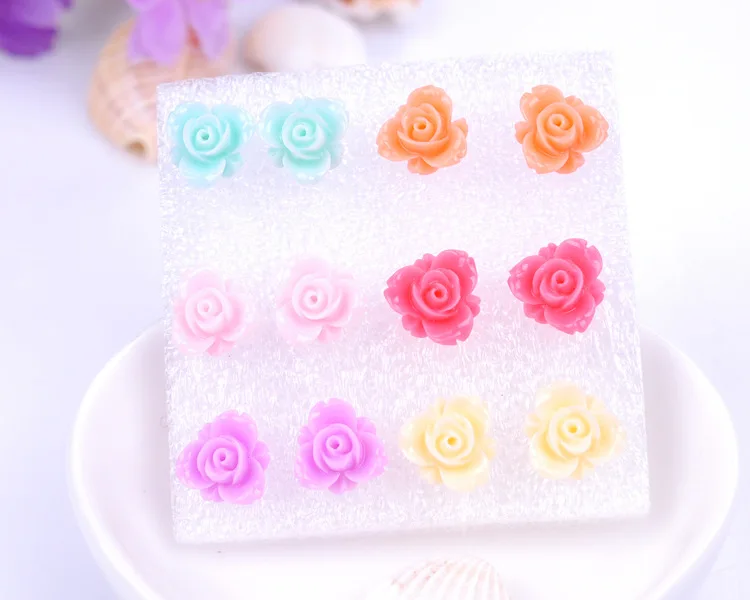 8Seasons New Fashion Colorful Rose Chrysanthemum Flower Plastic Stud Earrings Set For Women Party Club Earrings Jewelry,1Set