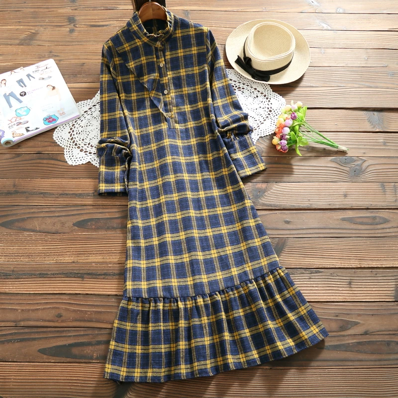 Goede Vrouwen Katoen En Linnen Jurk 2019 Herfst Winter Vrouwelijke Mode Vintage Plaid Elegante A lijn Jurk Lange Mouwen Casual Dress