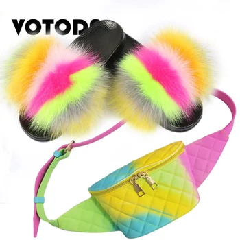 

Summer Woman Fanny Pack Shoes Set Real Fox Fur Slipper Sandals Fluffy Fur Flip Flop Flat Fashion Rainbow Jelly Bag Slippers Set