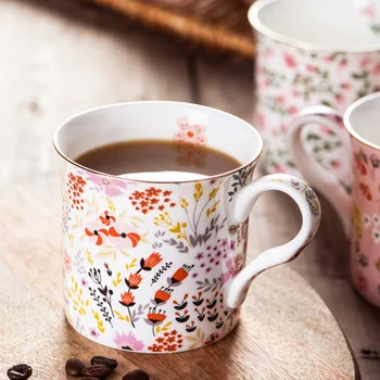 Pink Flowers gold tracing bone china coffee mug