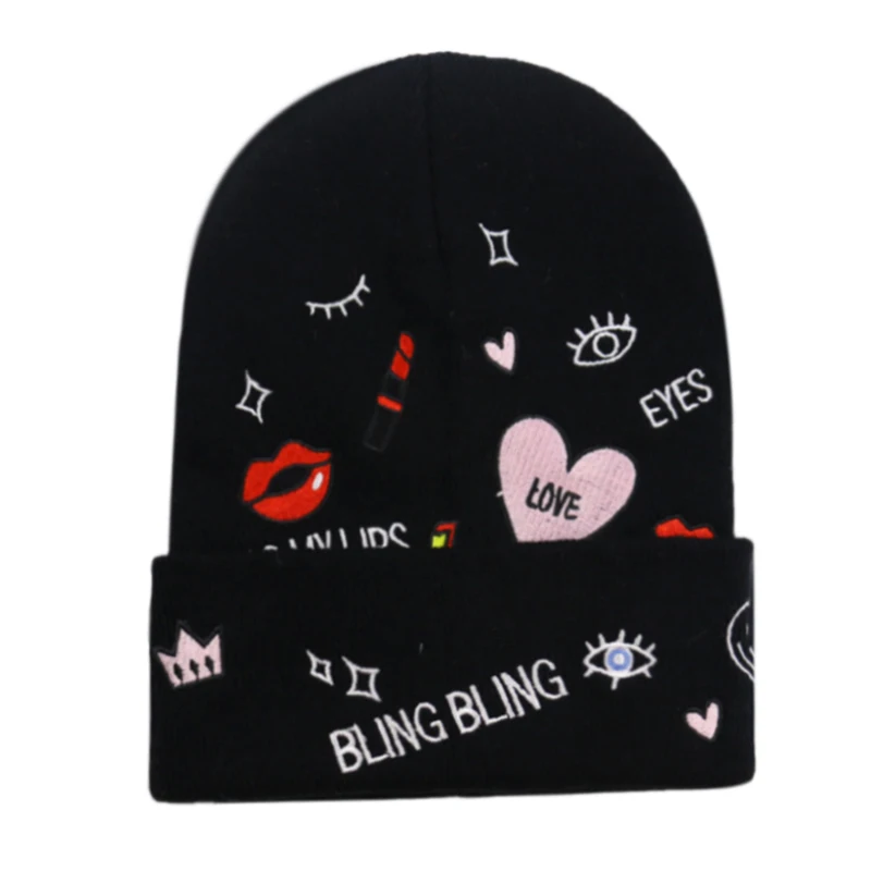 FOXMOTHER Корея Зима Белый Розовый Bling губная помада вышивка Beanie женская шапка женская вязаная Лыжная Шапка Gorros - Цвет: Черный